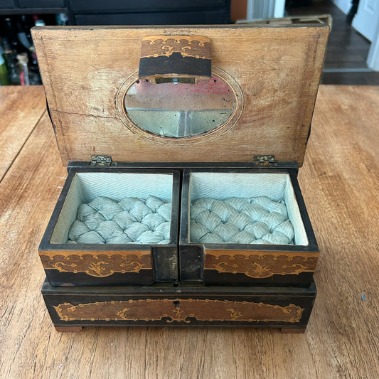 Vintage / antique inlaid wooden jewellery box for repair and restoration. Hinged sides. Upholstered interior