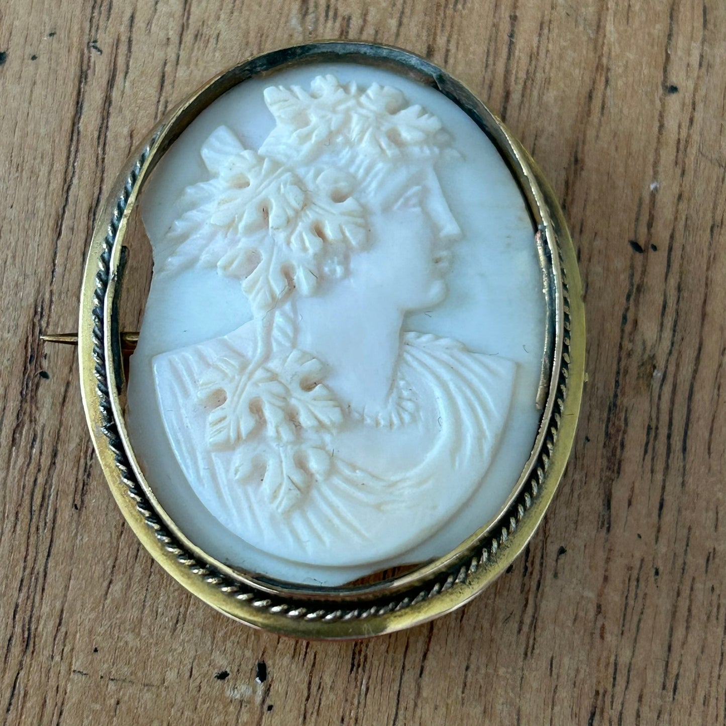 Antique Victorian Oval Gold-Tone Carved Shell Cameo Brooch – Bacchus Design - Hand Carved