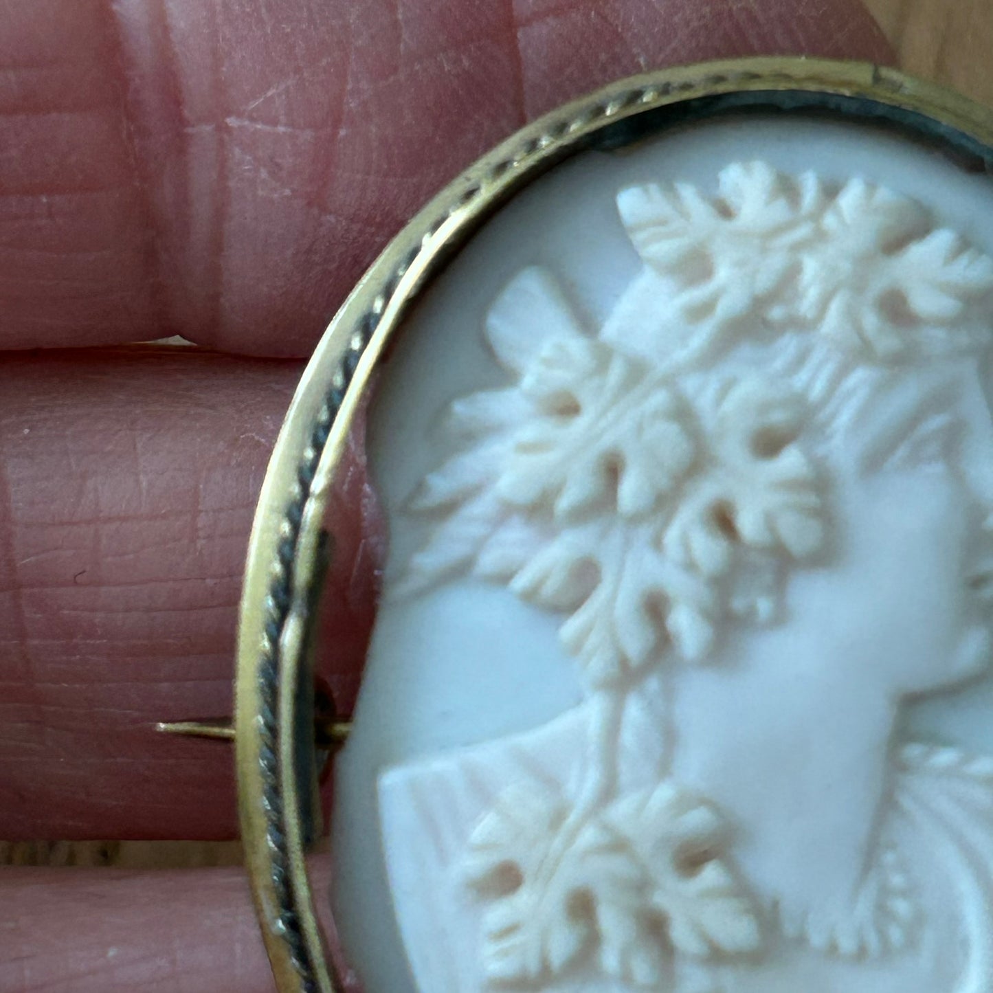 Antique Victorian Oval Gold-Tone Carved Shell Cameo Brooch – Bacchus Design - Hand Carved