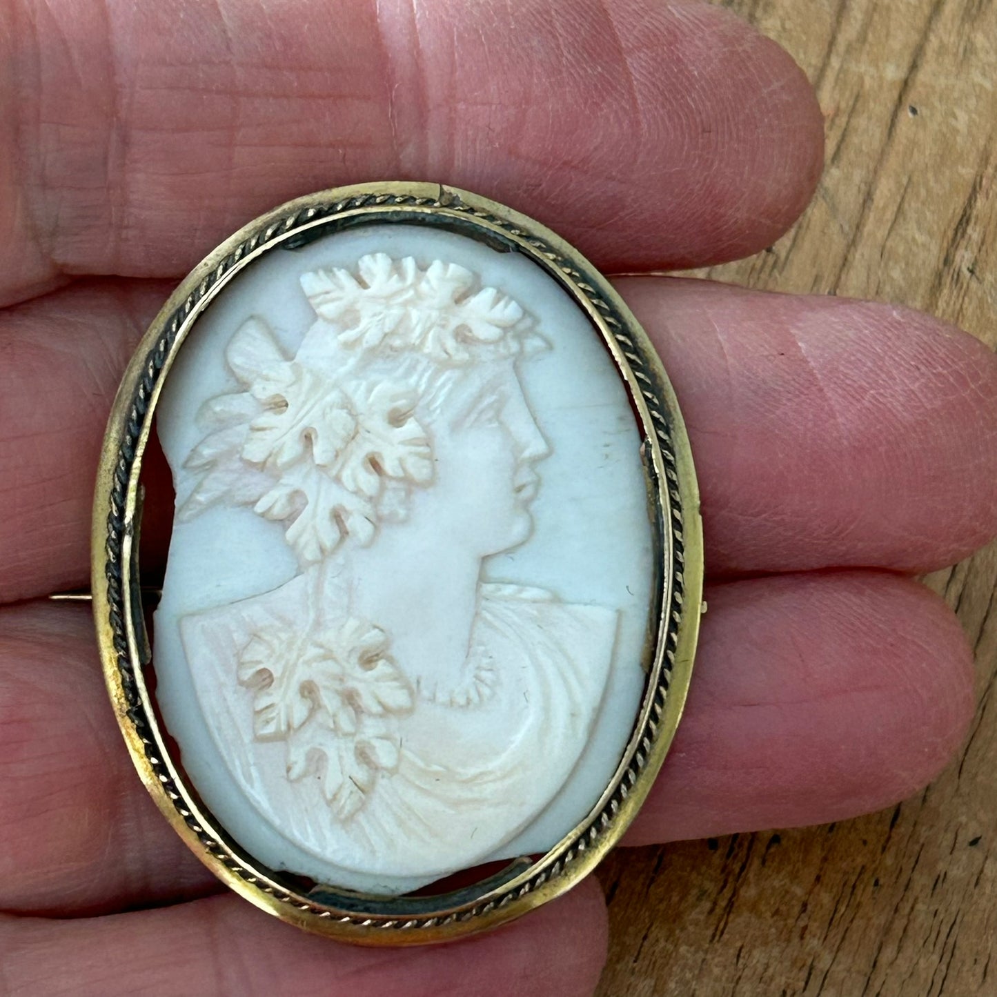 Antique Victorian Oval Gold-Tone Carved Shell Cameo Brooch – Bacchus Design - Hand Carved