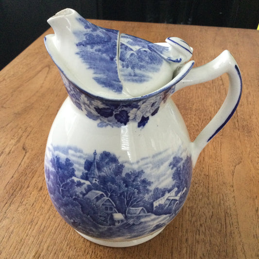 1920s 'English Scenery' Woods Ware Patented 'Cosy' Teapot Burslem England. Blue and white. SOME DAMAGE