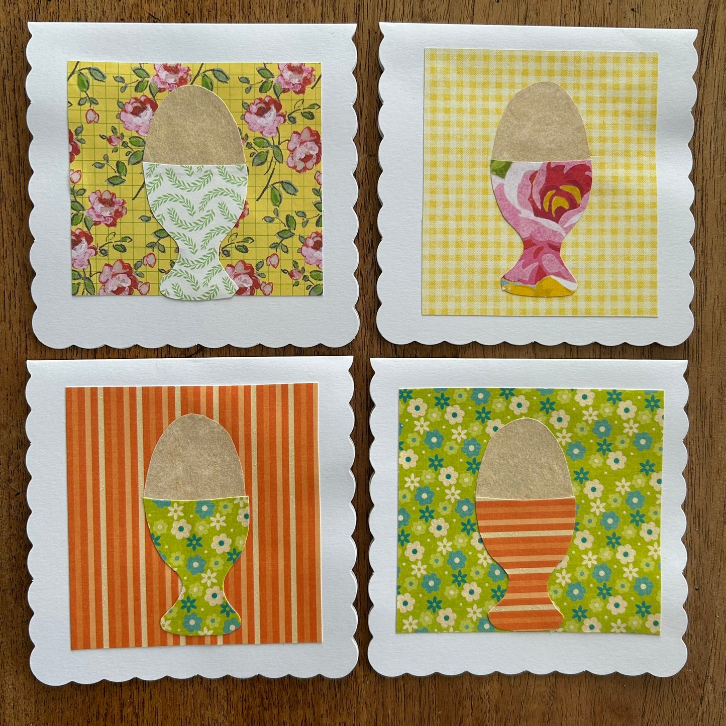 Set of 9 handmade Easter cards. Vintage style egg cups with pretty paper. Spring colours.