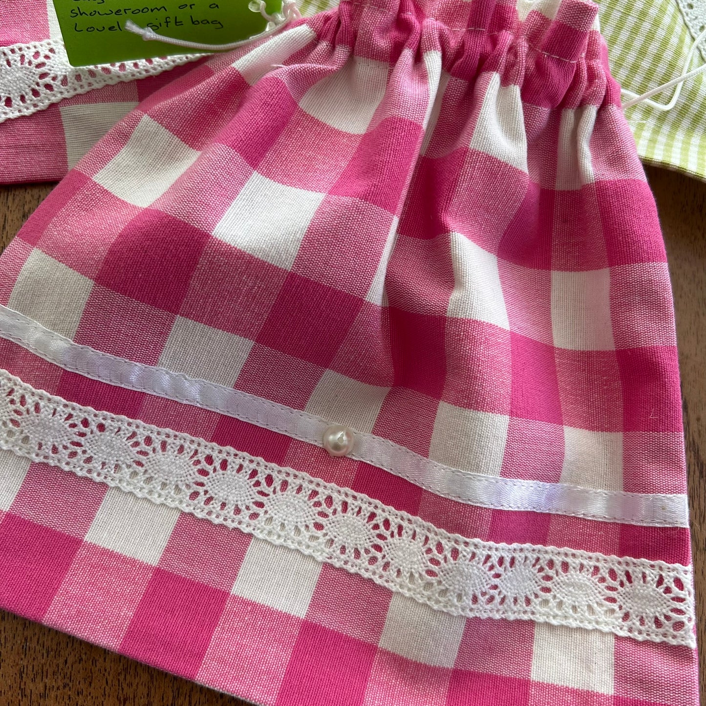 Beautiful Quality Hand Made Drawstring Gift Bags / Tidy Bags. Pink and green. Set of 3. Lace trim.