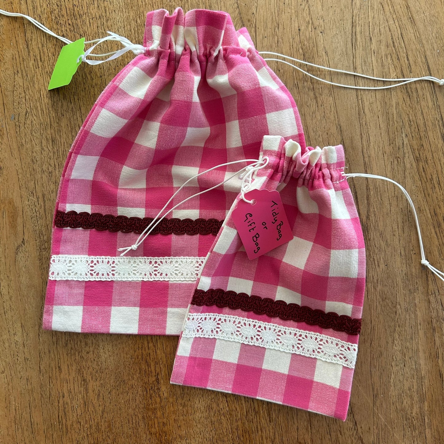 Beautiful Quality Hand Made Drawstring Gift Bags / Tidy Bags. Pink check. Set of 2. Lace trim.