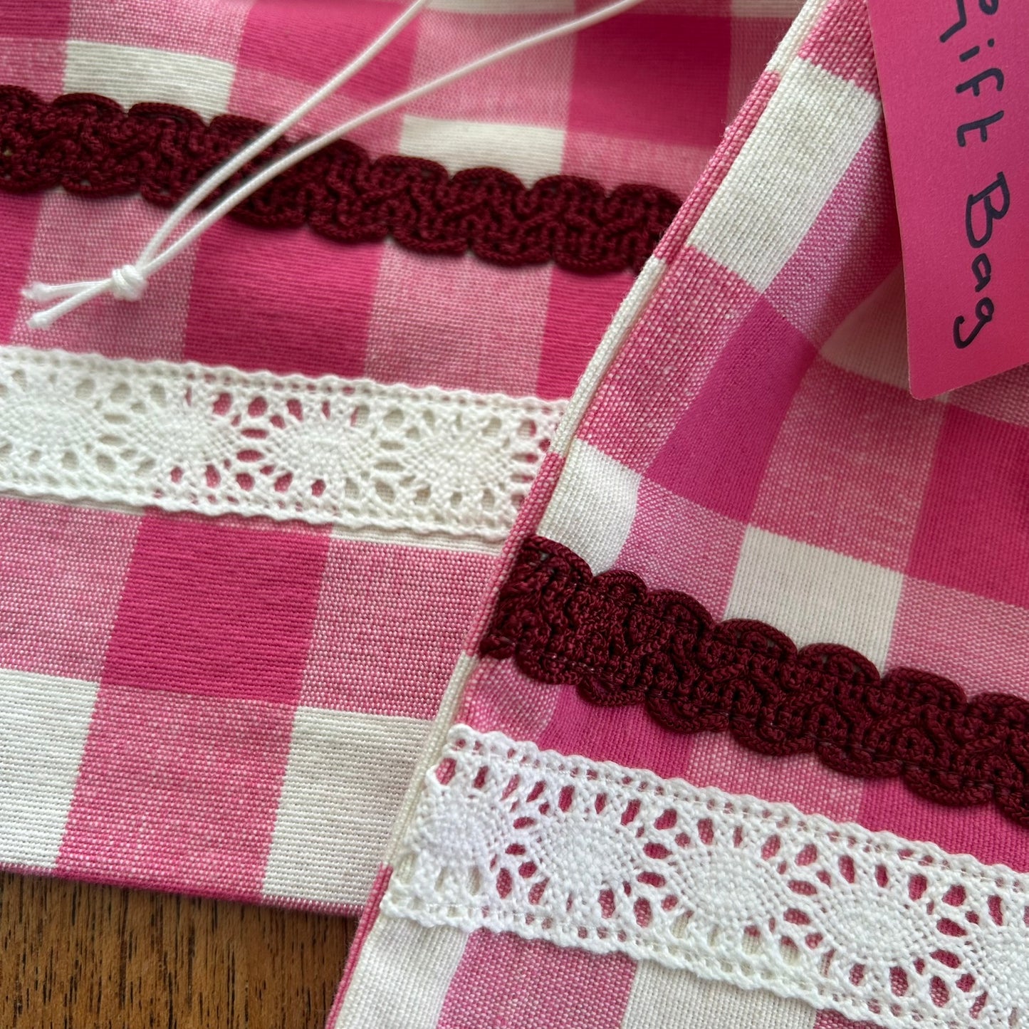 Beautiful Quality Hand Made Drawstring Gift Bags / Tidy Bags. Pink check. Set of 2. Lace trim.