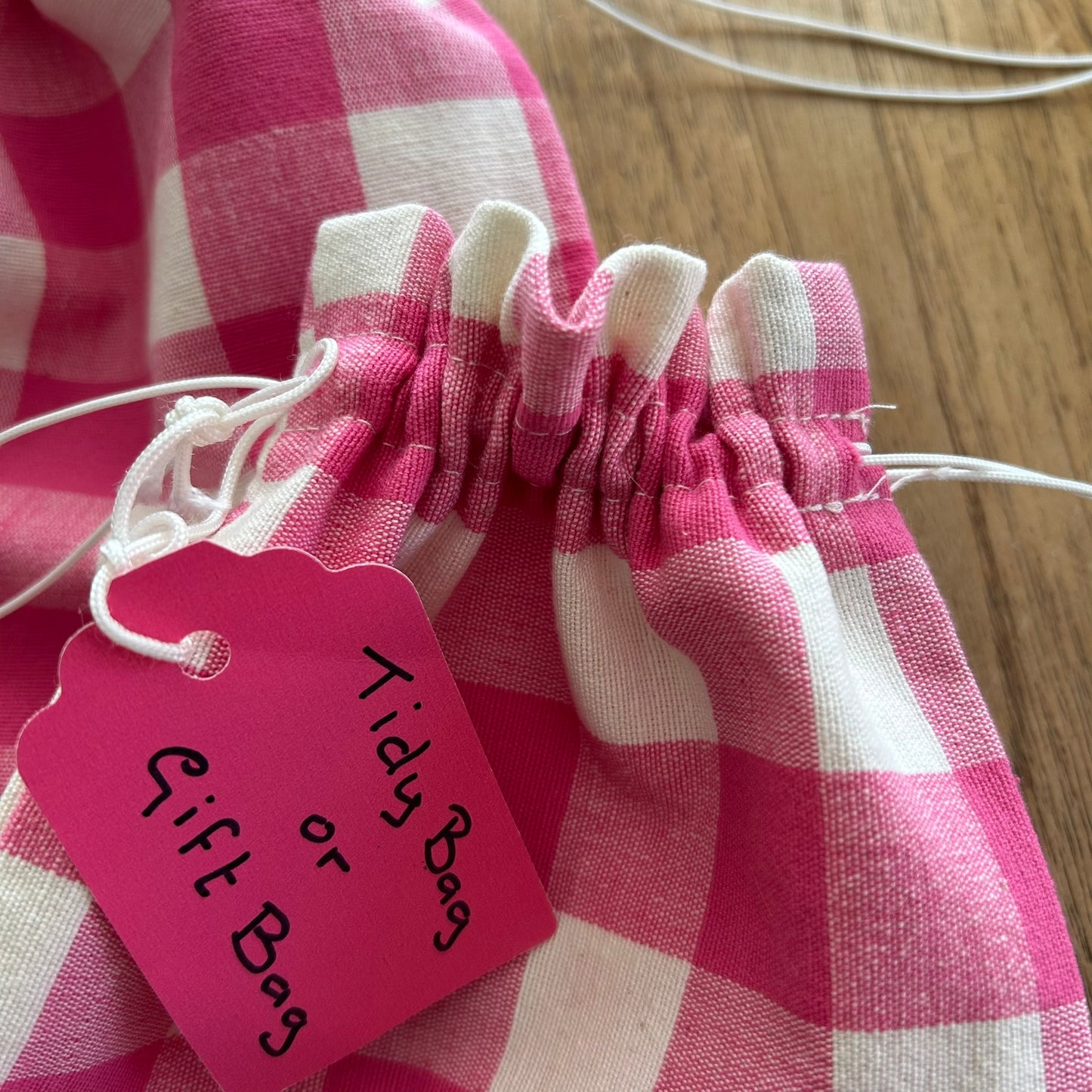 Beautiful Quality Hand Made Drawstring Gift Bags / Tidy Bags. Pink check. Set of 2. Lace trim.