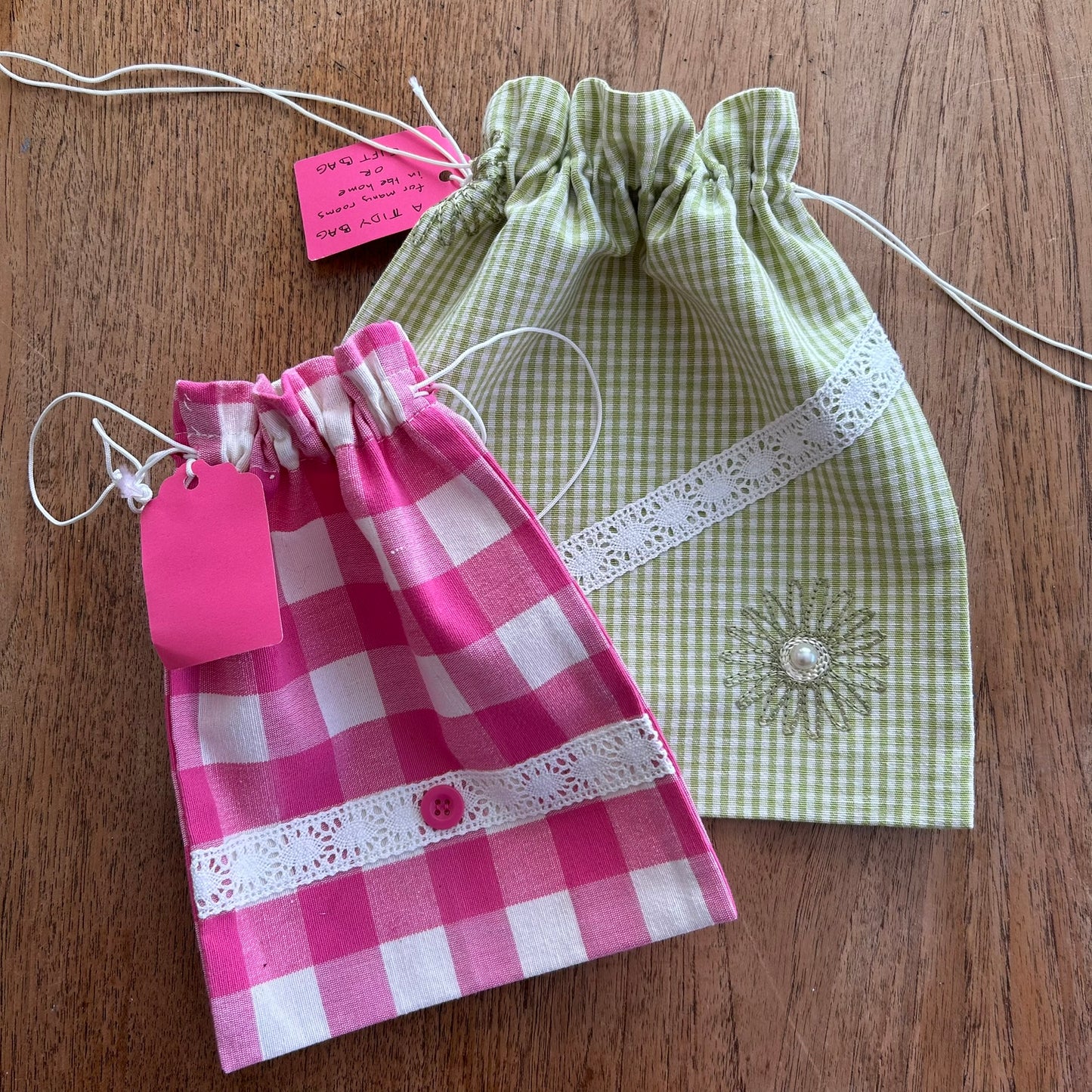 Beautiful Quality Hand Made Drawstring Gift Bags / Tidy Bags. Pink and green check. Set of 2. Lace trim.