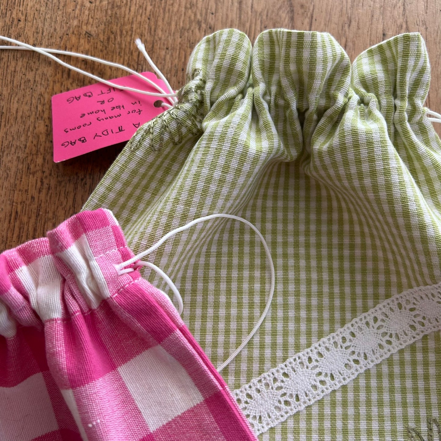 Beautiful Quality Hand Made Drawstring Gift Bags / Tidy Bags. Pink and green check. Set of 2. Lace trim.