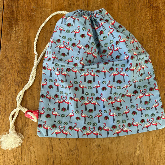 Beautiful Quality Hand Made Drawstring Pump Bag/ Tidy Bag. Pink Flamingo Design On Blue Background.