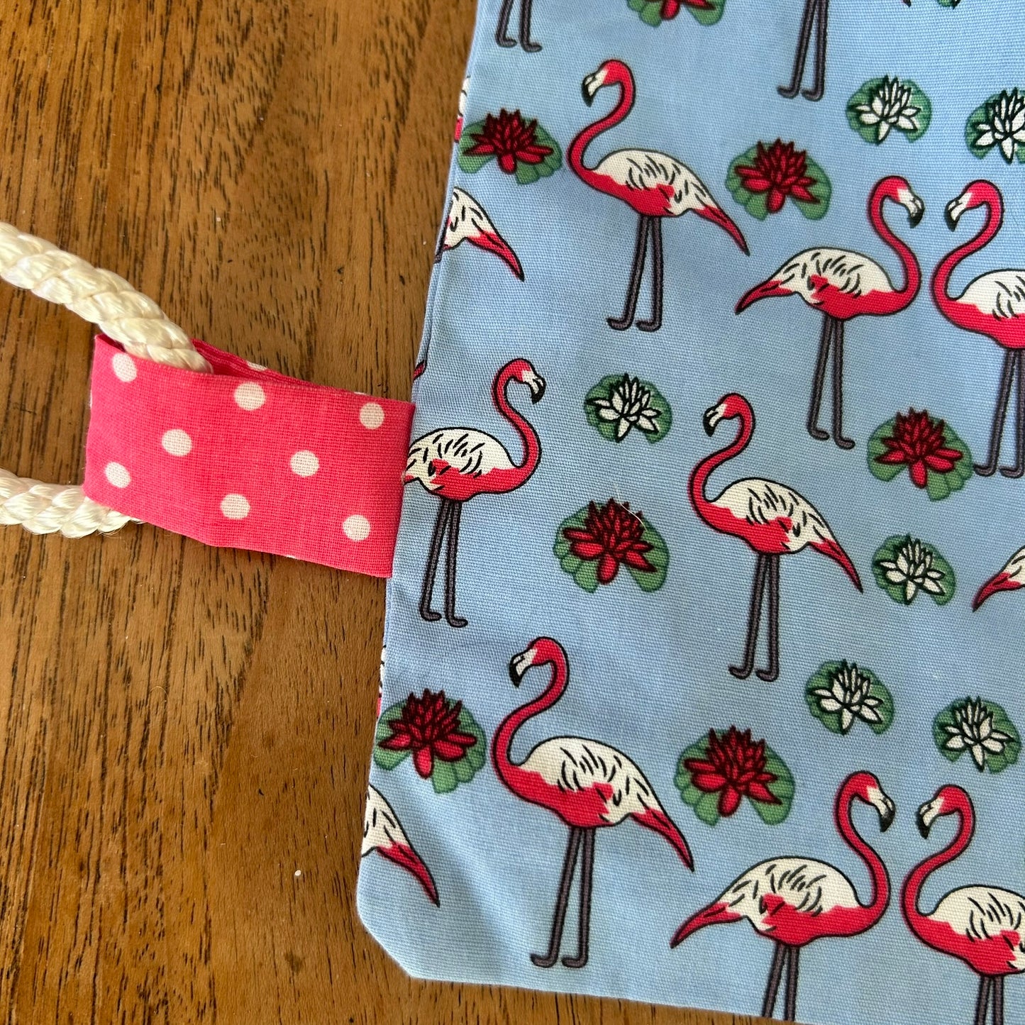 Beautiful Quality Hand Made Drawstring Pump Bag/ Tidy Bag. Pink Flamingo Design On Blue Background.