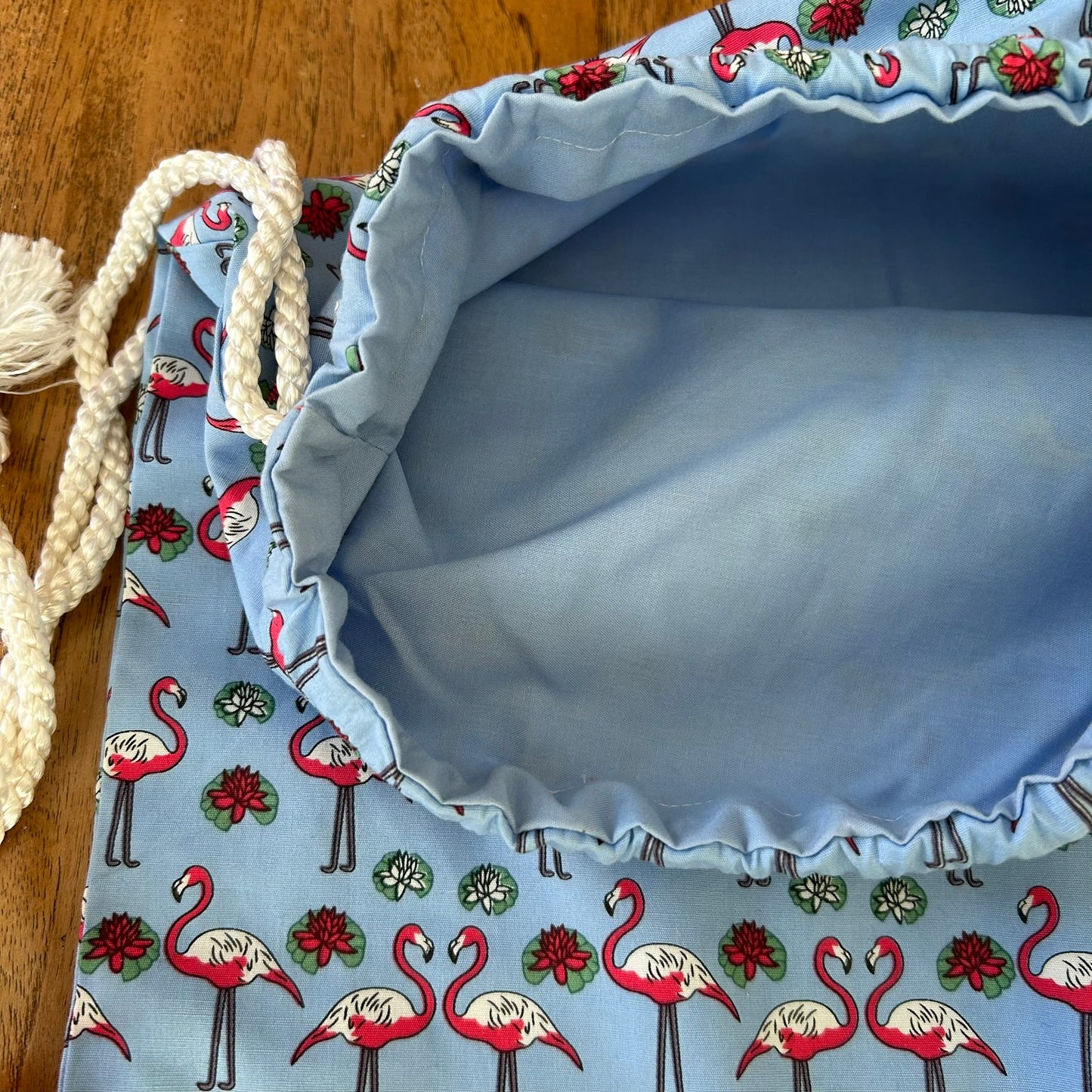 Beautiful Quality Hand Made Drawstring Pump Bag/ Tidy Bag. Pink Flamingo Design On Blue Background.