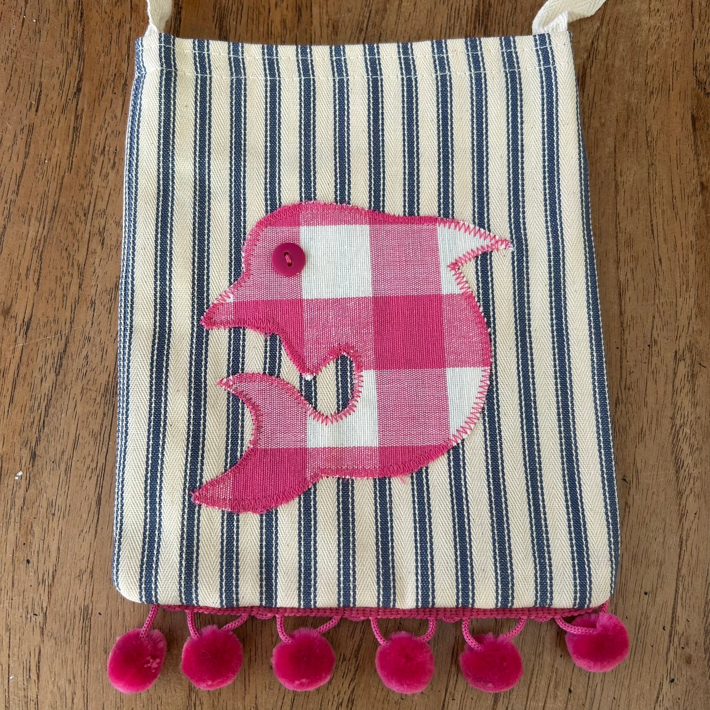 Beautiful Quality Hand Made Child's Shoulder Bag / Tote Bag. Dolphin Applique Design on Blue Striped Ticking Fabric. Pink Pom Pom Trim.