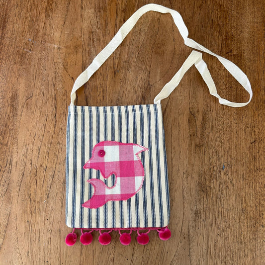 Beautiful Quality Hand Made Child's Shoulder Bag / Tote Bag. Dolphin Applique Design on Blue Striped Ticking Fabric. Pink Pom Pom Trim.