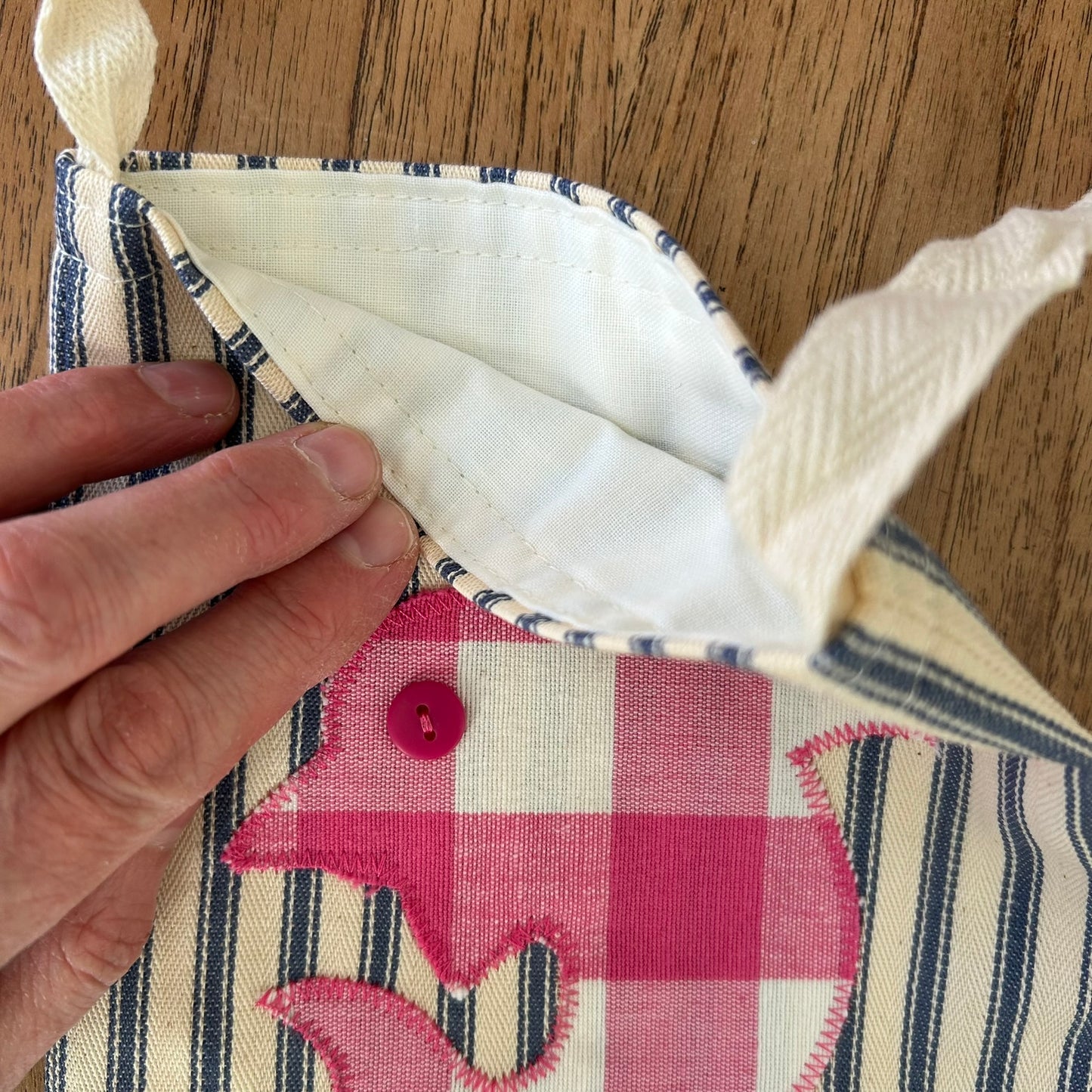 Beautiful Quality Hand Made Child's Shoulder Bag / Tote Bag. Dolphin Applique Design on Blue Striped Ticking Fabric. Pink Pom Pom Trim.