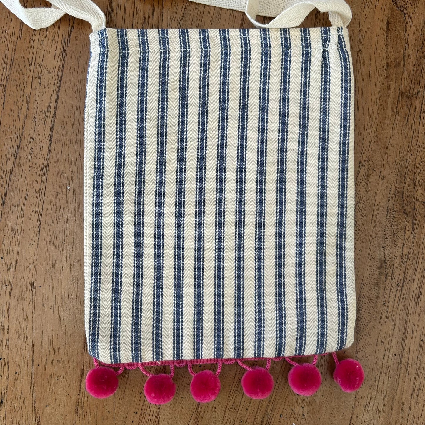 Beautiful Quality Hand Made Child's Shoulder Bag / Tote Bag. Dolphin Applique Design on Blue Striped Ticking Fabric. Pink Pom Pom Trim.