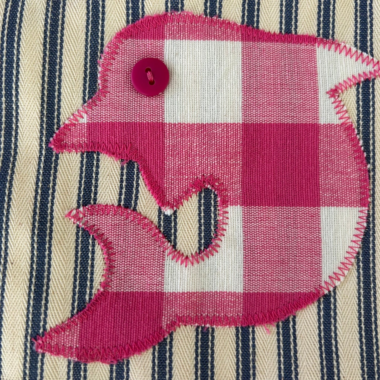 Beautiful Quality Hand Made Child's Shoulder Bag / Tote Bag. Dolphin Applique Design on Blue Striped Ticking Fabric. Pink Pom Pom Trim.