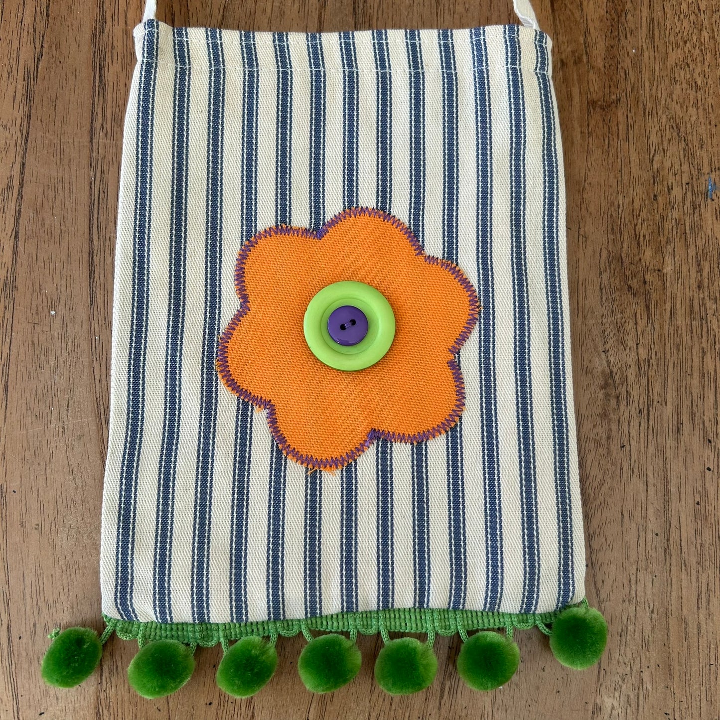 Beautiful Quality Hand Made Child's Shoulder Bag / Tote Bag. Retro Flower Applique Design on Blue Striped Ticking Fabric. Green Pom Pom Trim.