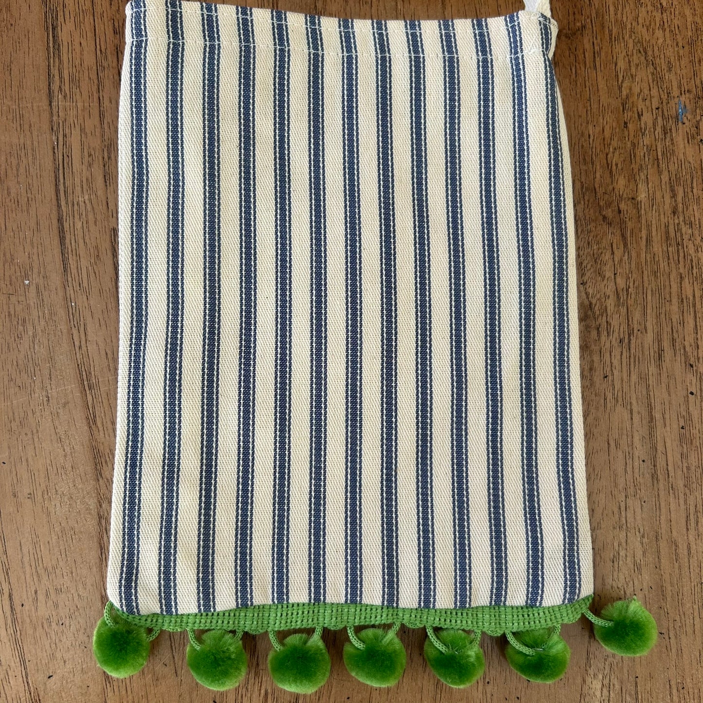 Beautiful Quality Hand Made Child's Shoulder Bag / Tote Bag. Retro Flower Applique Design on Blue Striped Ticking Fabric. Green Pom Pom Trim.