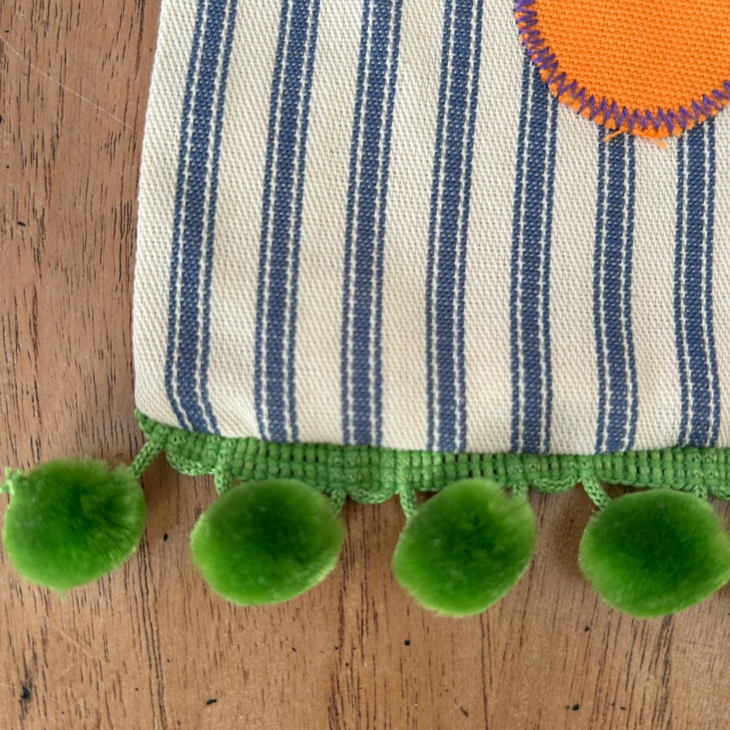 Beautiful Quality Hand Made Child's Shoulder Bag / Tote Bag. Retro Flower Applique Design on Blue Striped Ticking Fabric. Green Pom Pom Trim.