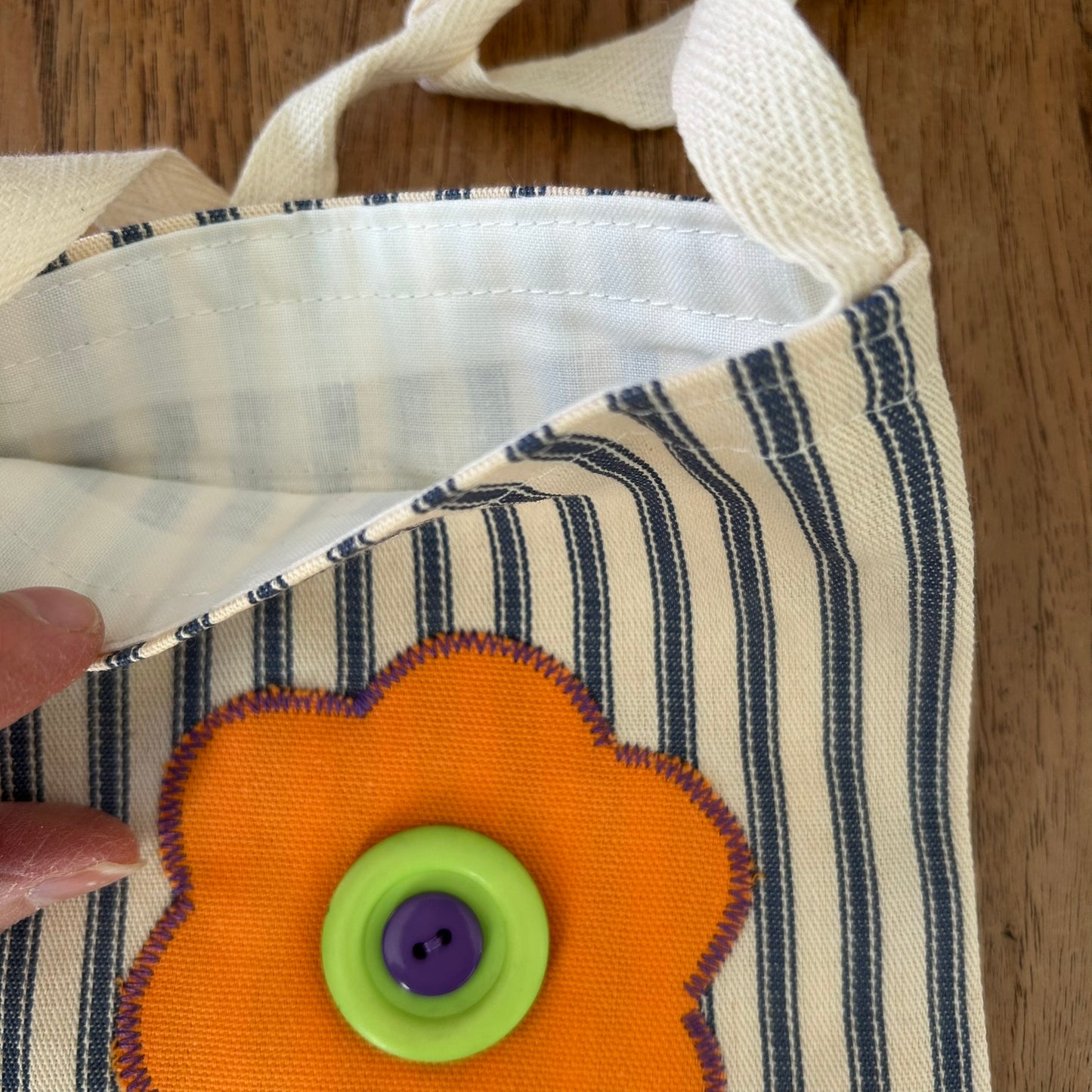 Beautiful Quality Hand Made Child's Shoulder Bag / Tote Bag. Retro Flower Applique Design on Blue Striped Ticking Fabric. Green Pom Pom Trim.