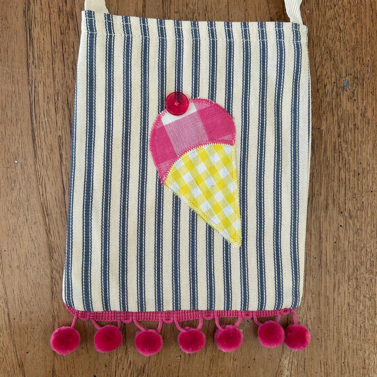 Beautiful Quality Hand Made Child's Shoulder Bag / Tote Bag. Ice Cream Applique Design on Blue Striped Ticking Fabric. Pink Pom Pom Trim.