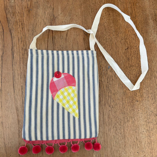 Beautiful Quality Hand Made Child's Shoulder Bag / Tote Bag. Ice Cream Applique Design on Blue Striped Ticking Fabric. Pink Pom Pom Trim.