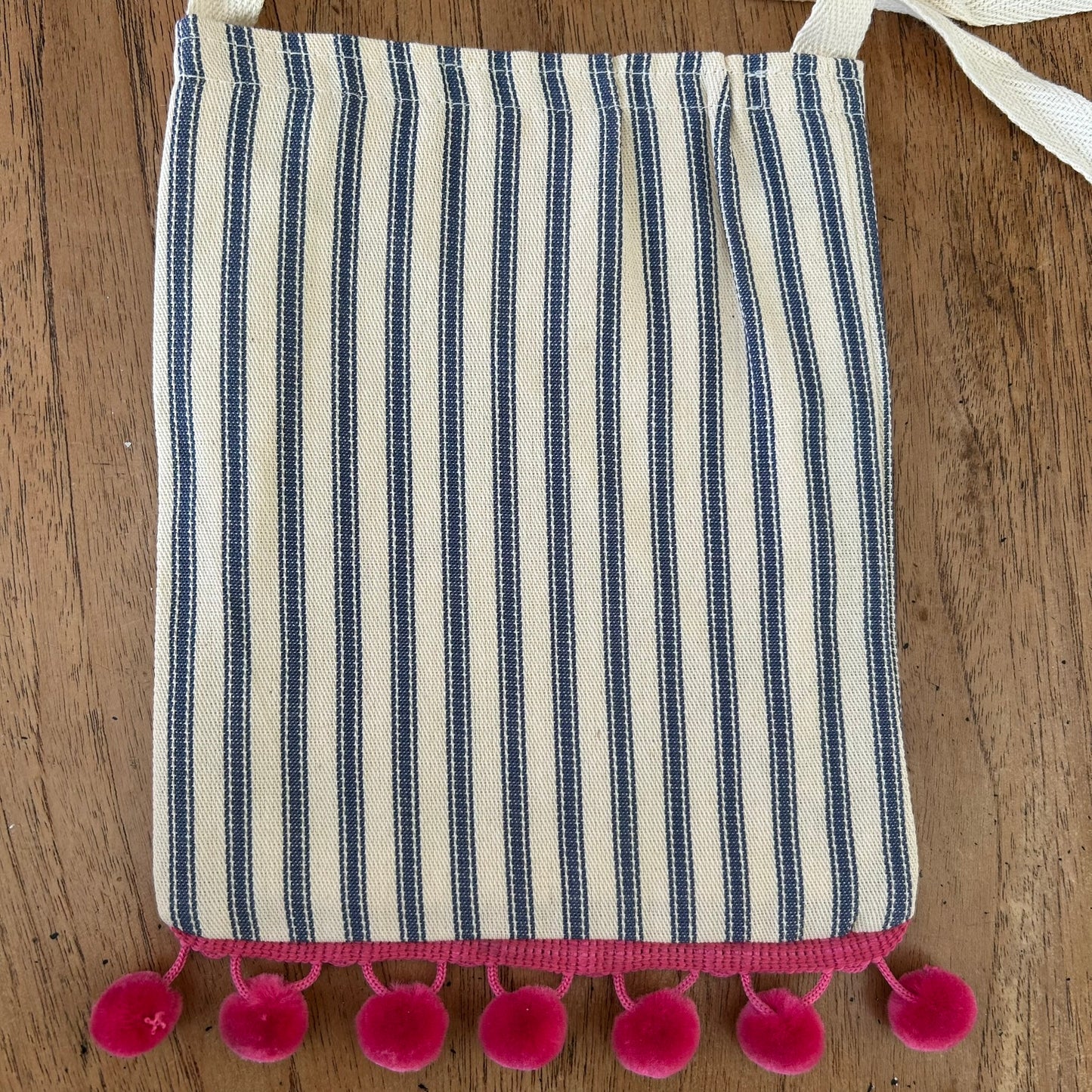 Beautiful Quality Hand Made Child's Shoulder Bag / Tote Bag. Ice Cream Applique Design on Blue Striped Ticking Fabric. Pink Pom Pom Trim.