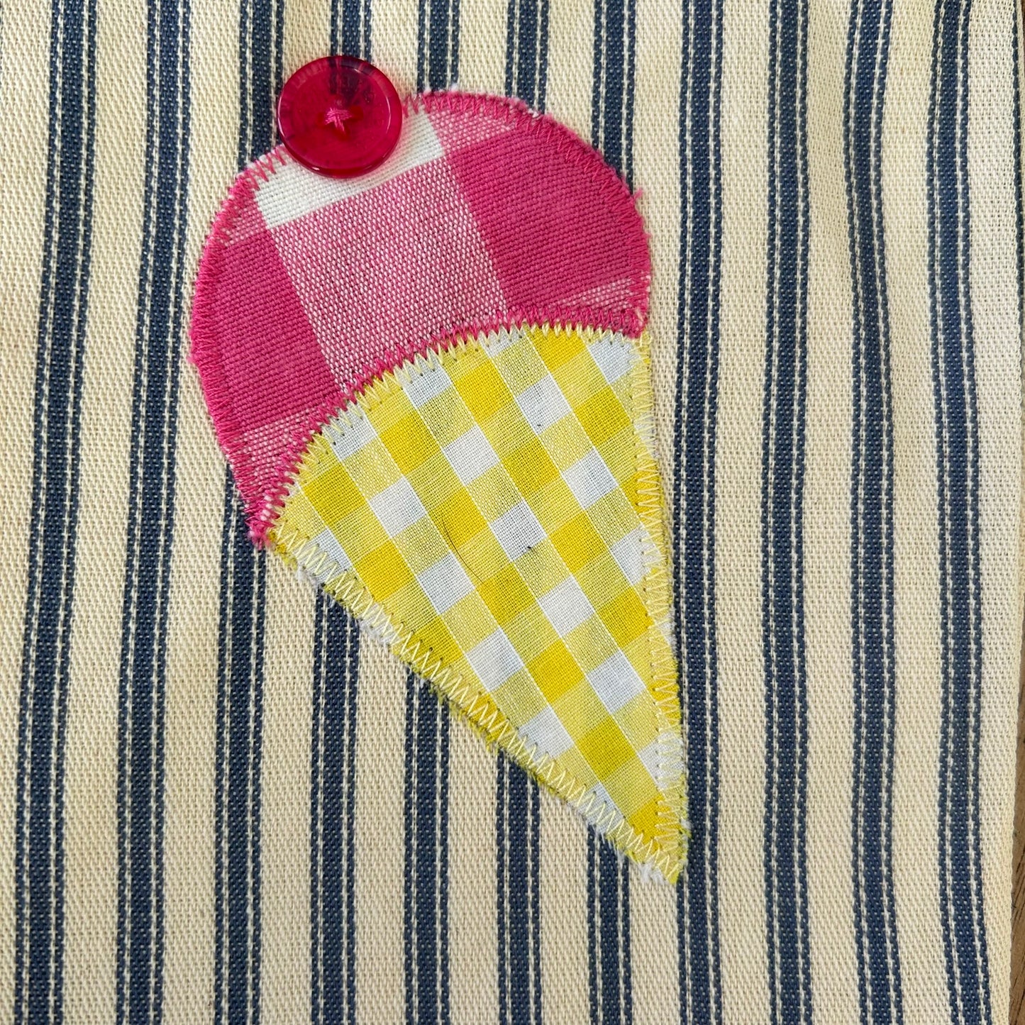 Beautiful Quality Hand Made Child's Shoulder Bag / Tote Bag. Ice Cream Applique Design on Blue Striped Ticking Fabric. Pink Pom Pom Trim.