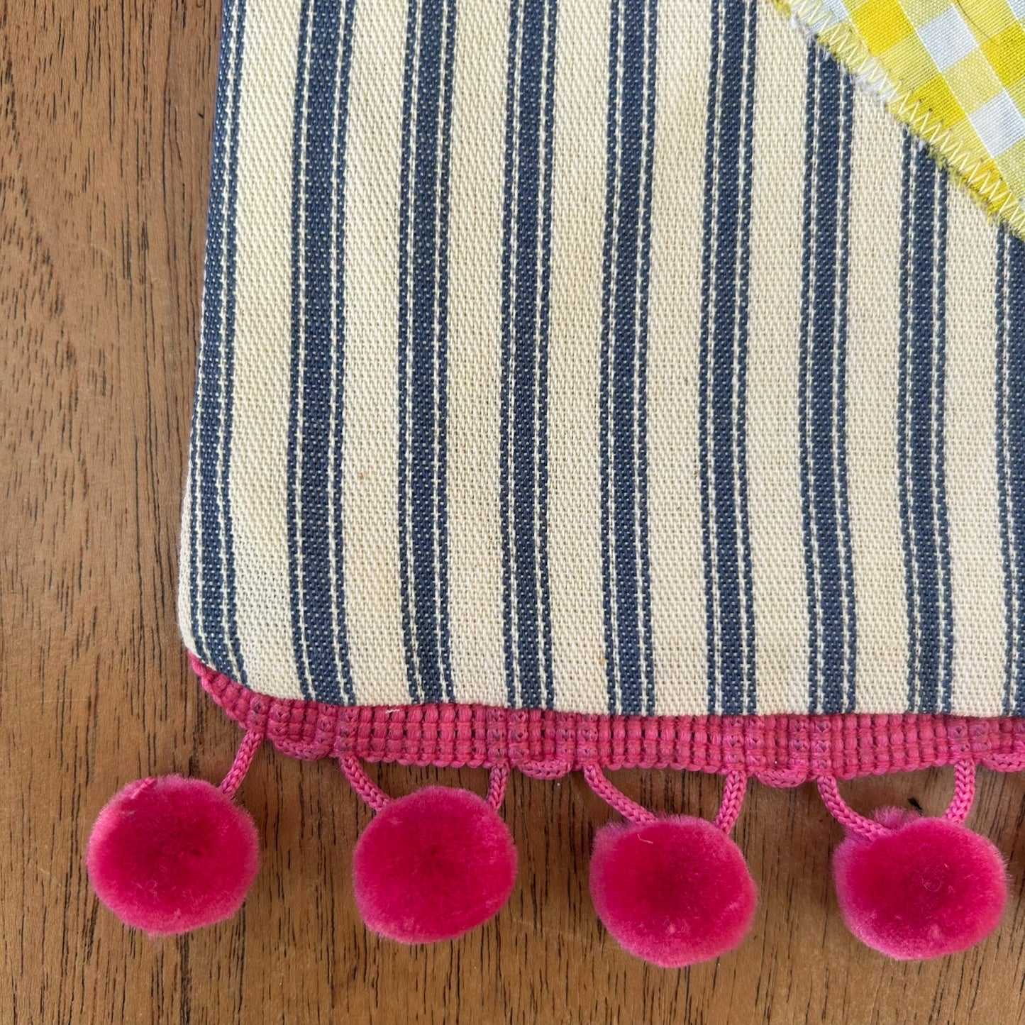 Beautiful Quality Hand Made Child's Shoulder Bag / Tote Bag. Ice Cream Applique Design on Blue Striped Ticking Fabric. Pink Pom Pom Trim.