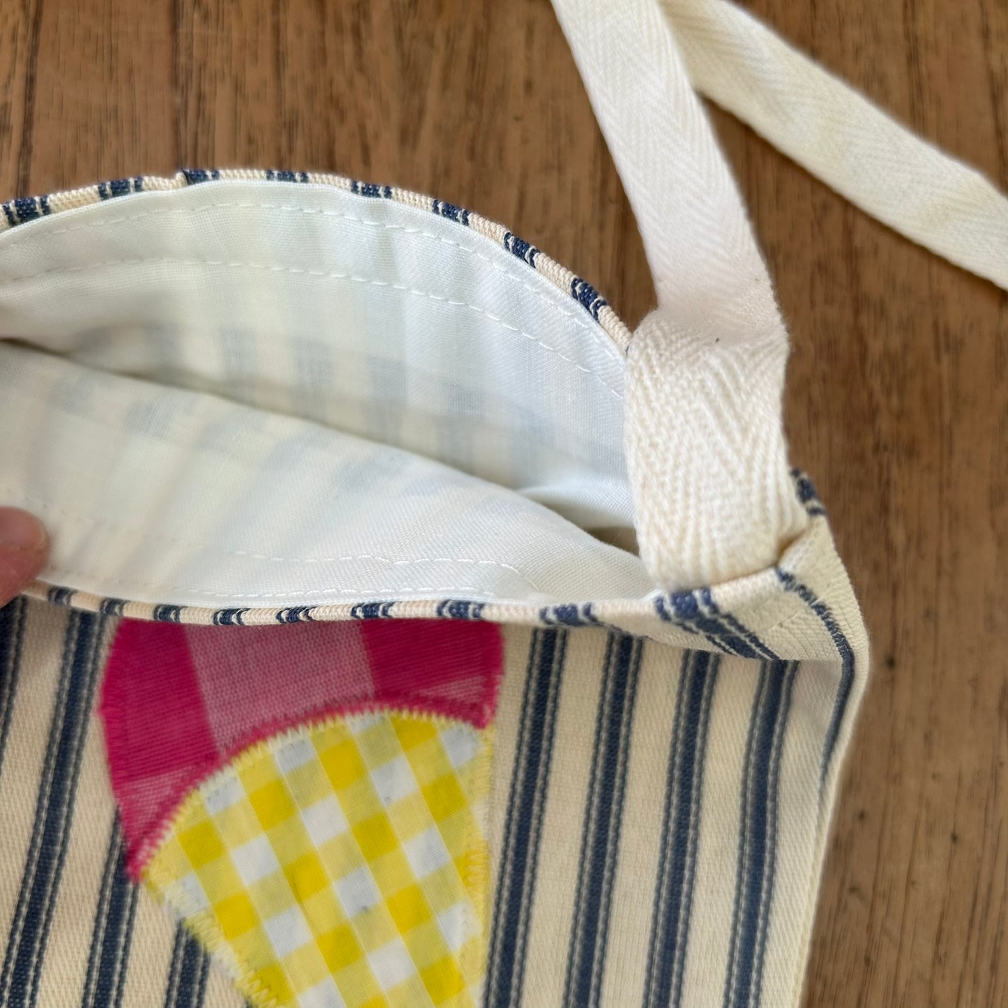 Beautiful Quality Hand Made Child's Shoulder Bag / Tote Bag. Ice Cream Applique Design on Blue Striped Ticking Fabric. Pink Pom Pom Trim.