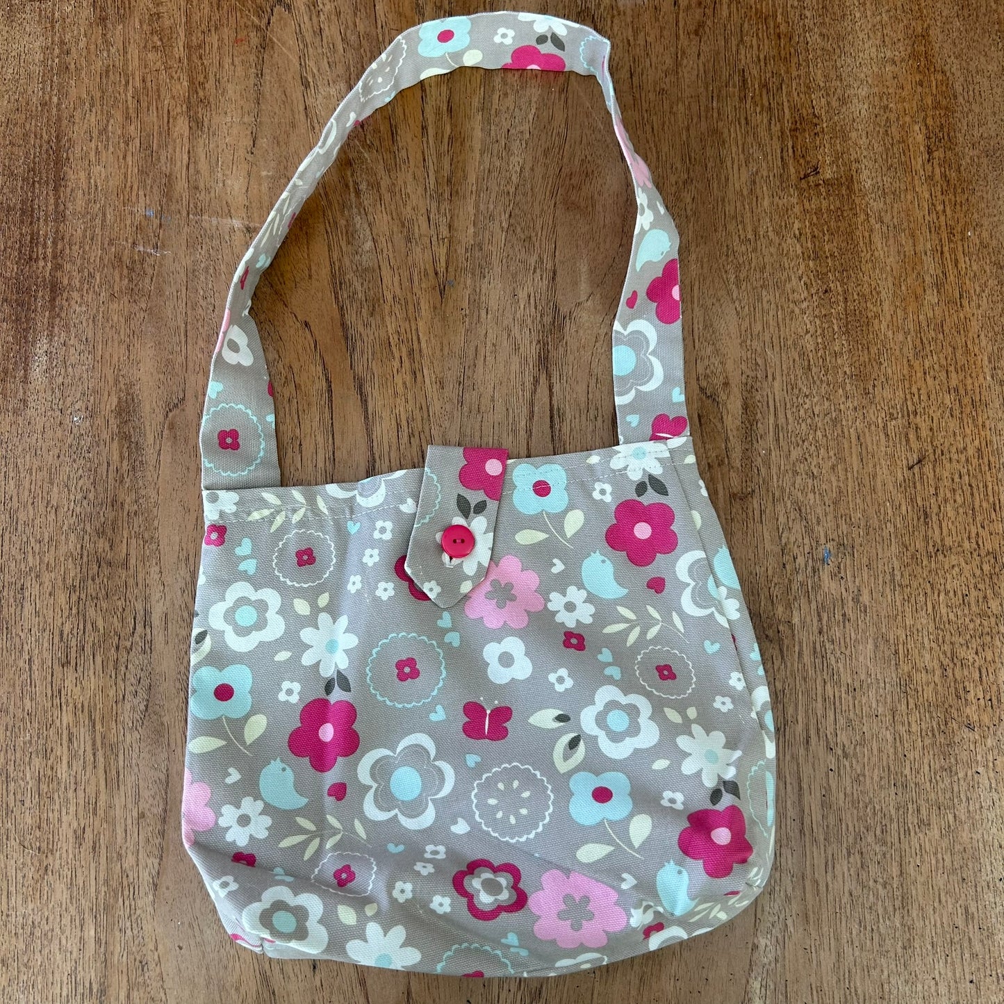 Beautiful Quality Hand Made Child's Shoulder Bag / Tote Bag. Pretty Floral and Bird Design. Pink, Beige, Duck Egg Blue.