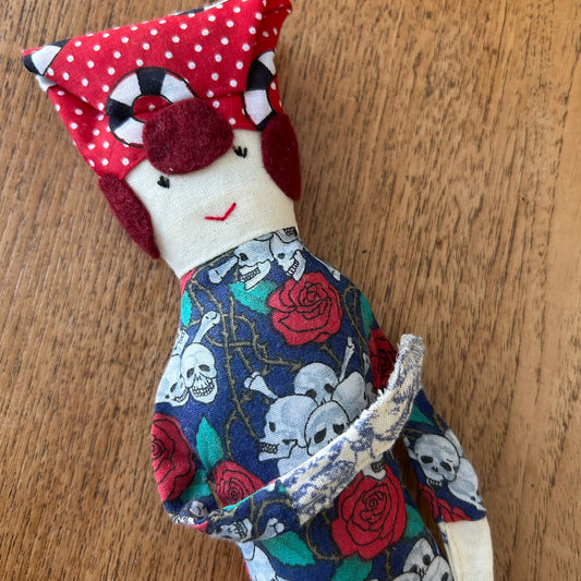 Hand Made Rag Doll. 1950s Tattooed Lady. Rockabilly Denim Retro Alternative Kitsch. 32 cm.