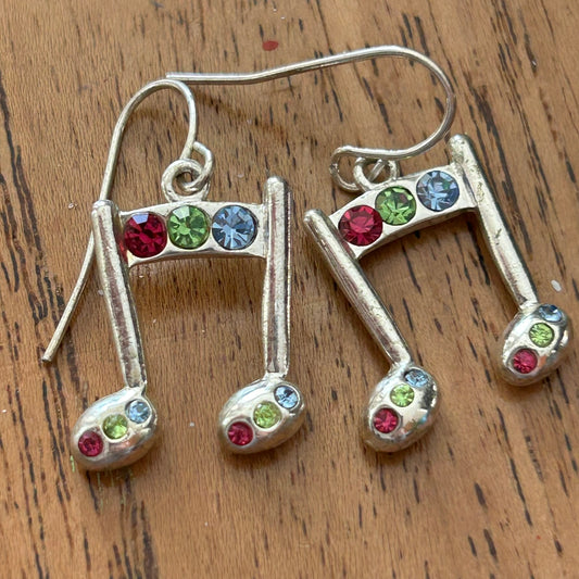 Novelty Musical Note Earrings. Colourful musical notes on silver tone metal. For pierced ears.