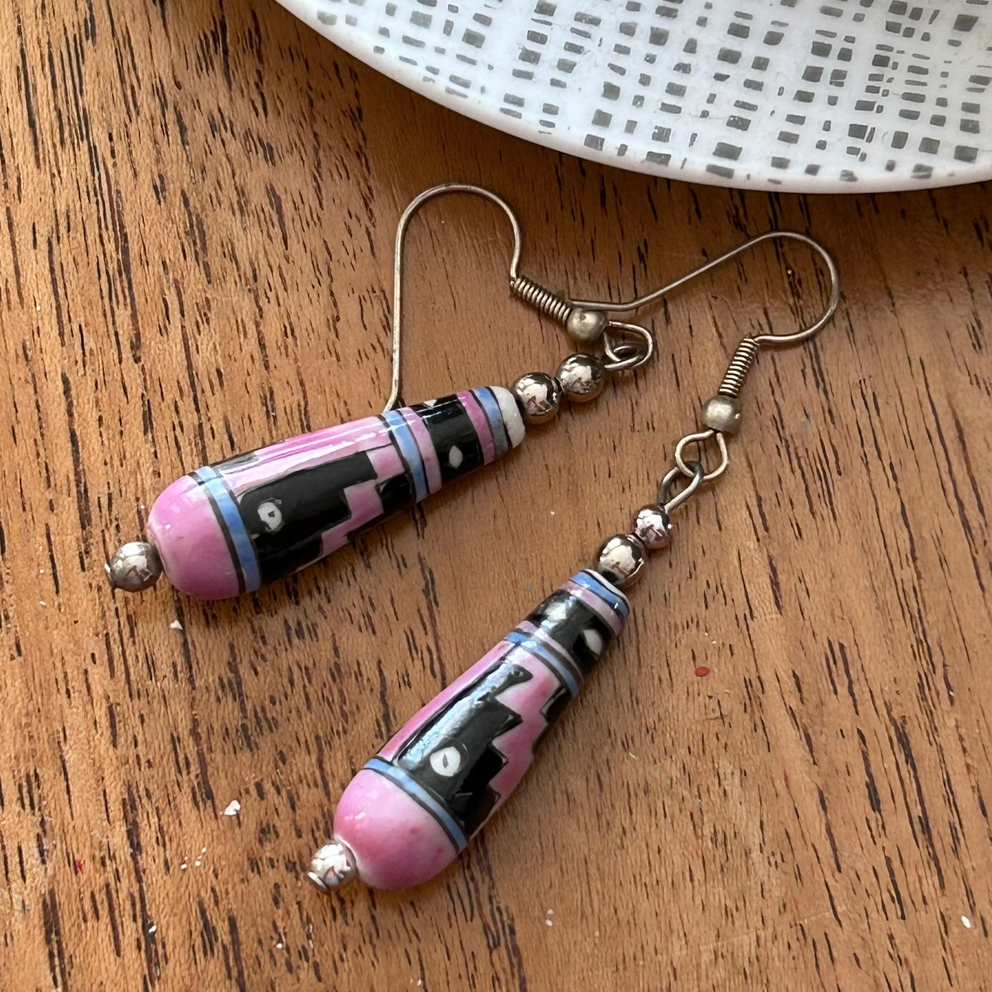 Boho / Aztec dangly drop bead earrings, hook fastener. Pink blue and black. For pierced ears.