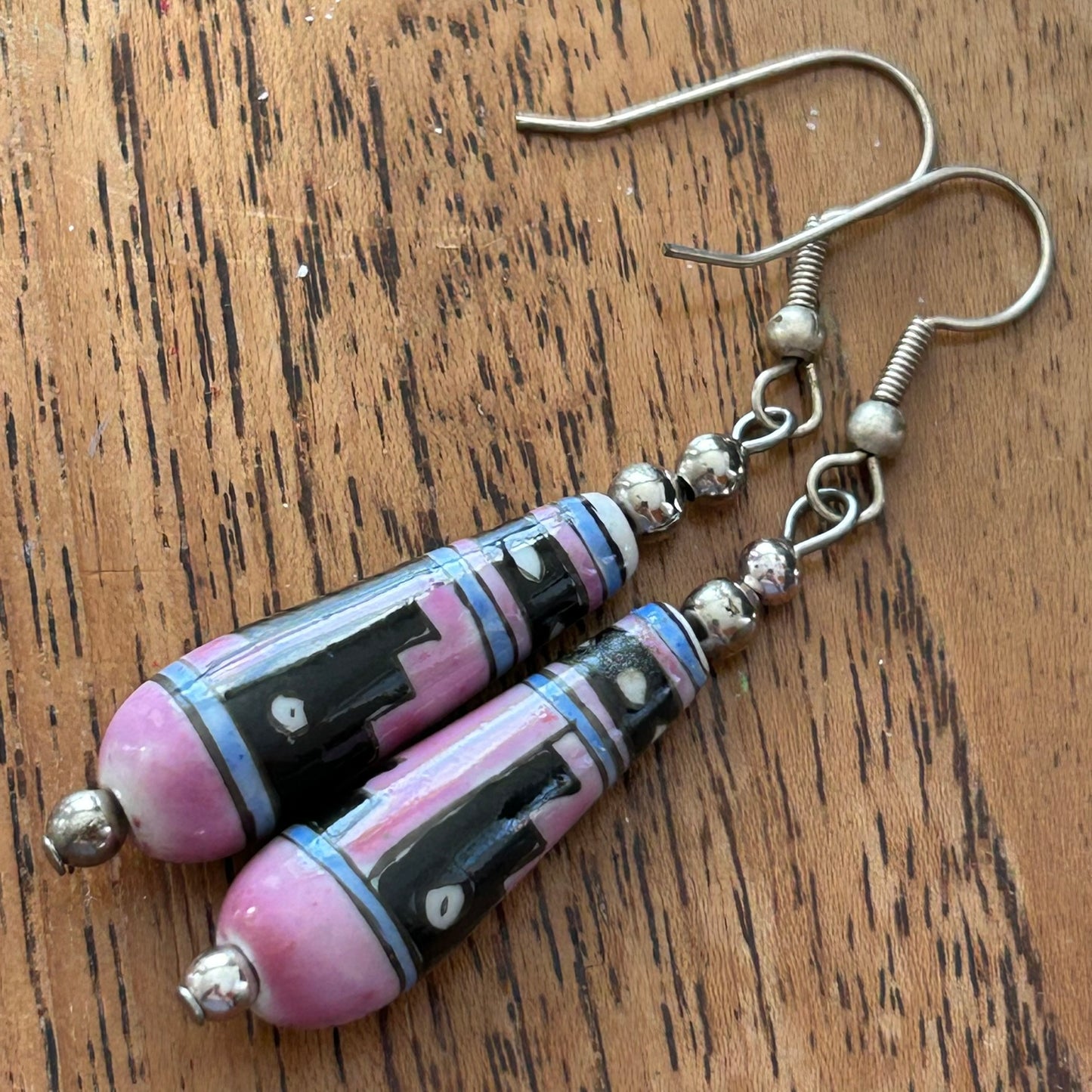 Boho / Aztec dangly drop bead earrings, hook fastener. Pink blue and black. For pierced ears.