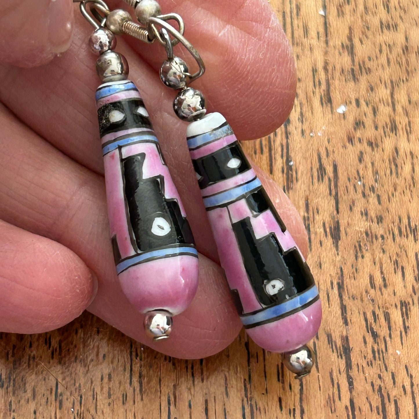 Boho / Aztec dangly drop bead earrings, hook fastener. Pink blue and black. For pierced ears.