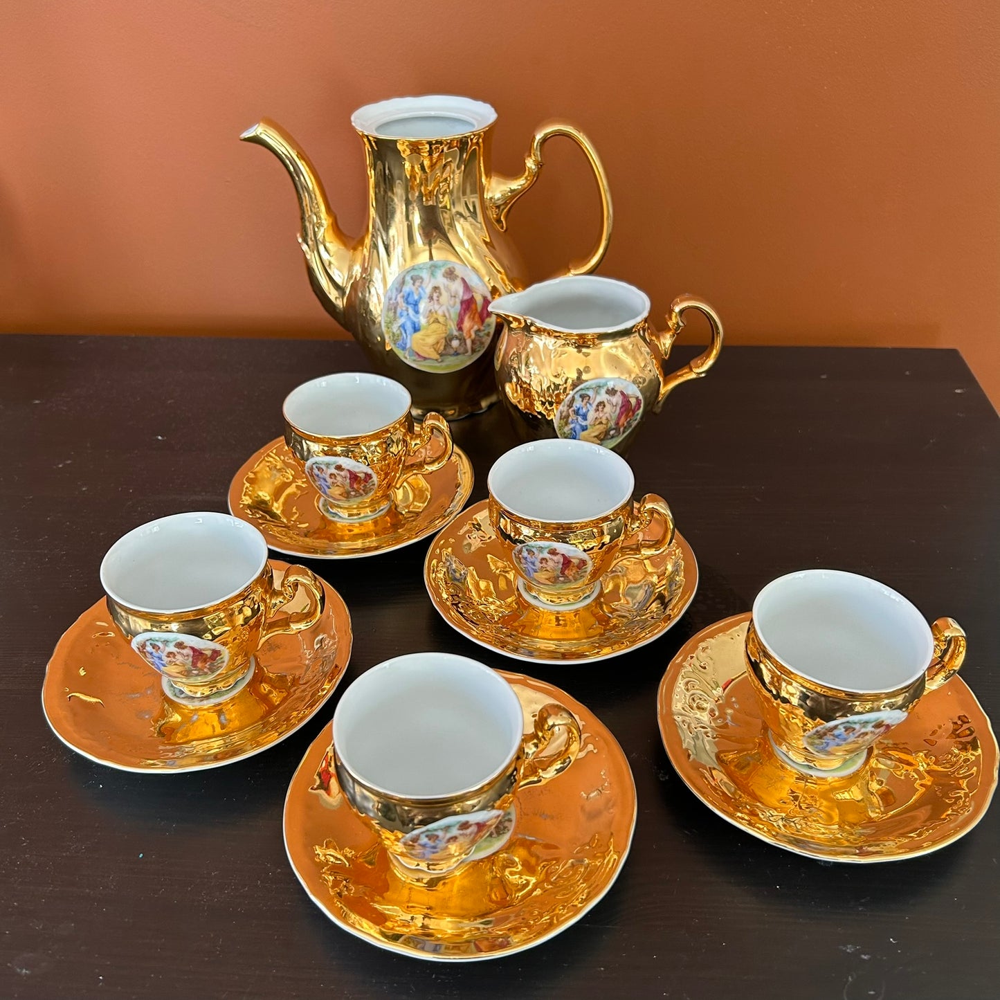 Vintage 1950s Czechoslovakian Bernadotte Set Of 5 Espresso / Turkish Coffee Cups And Saucers - Gold Porcelain, Baroque Style, Pastoral Scene