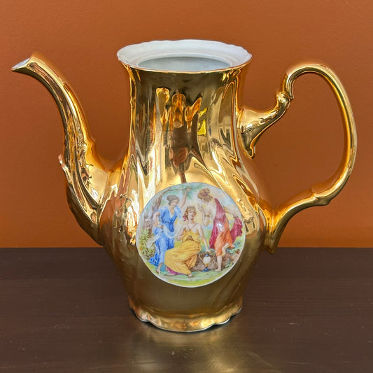 Vintage 1950s Czechoslovakian Bernadotte Coffee Pot – Gold Porcelain, Baroque Style, Pastoral Scene