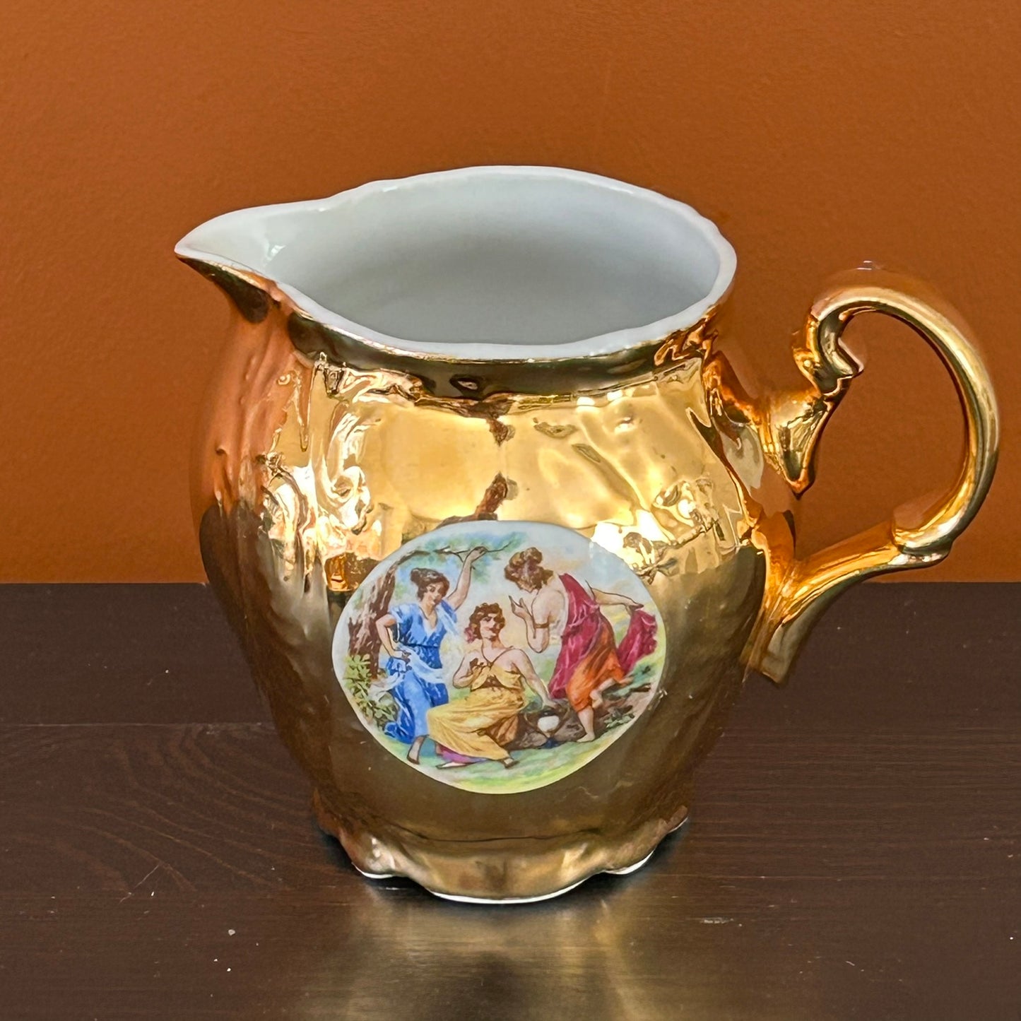 Vintage 1950s Czechoslovakian Bernadotte Milk Jug / Creamer – Gold Porcelain, Baroque Style, Pastoral Scene