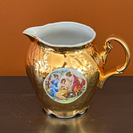 Vintage 1950s Czechoslovakian Bernadotte Milk Jug / Creamer – Gold Porcelain, Baroque Style, Pastoral Scene