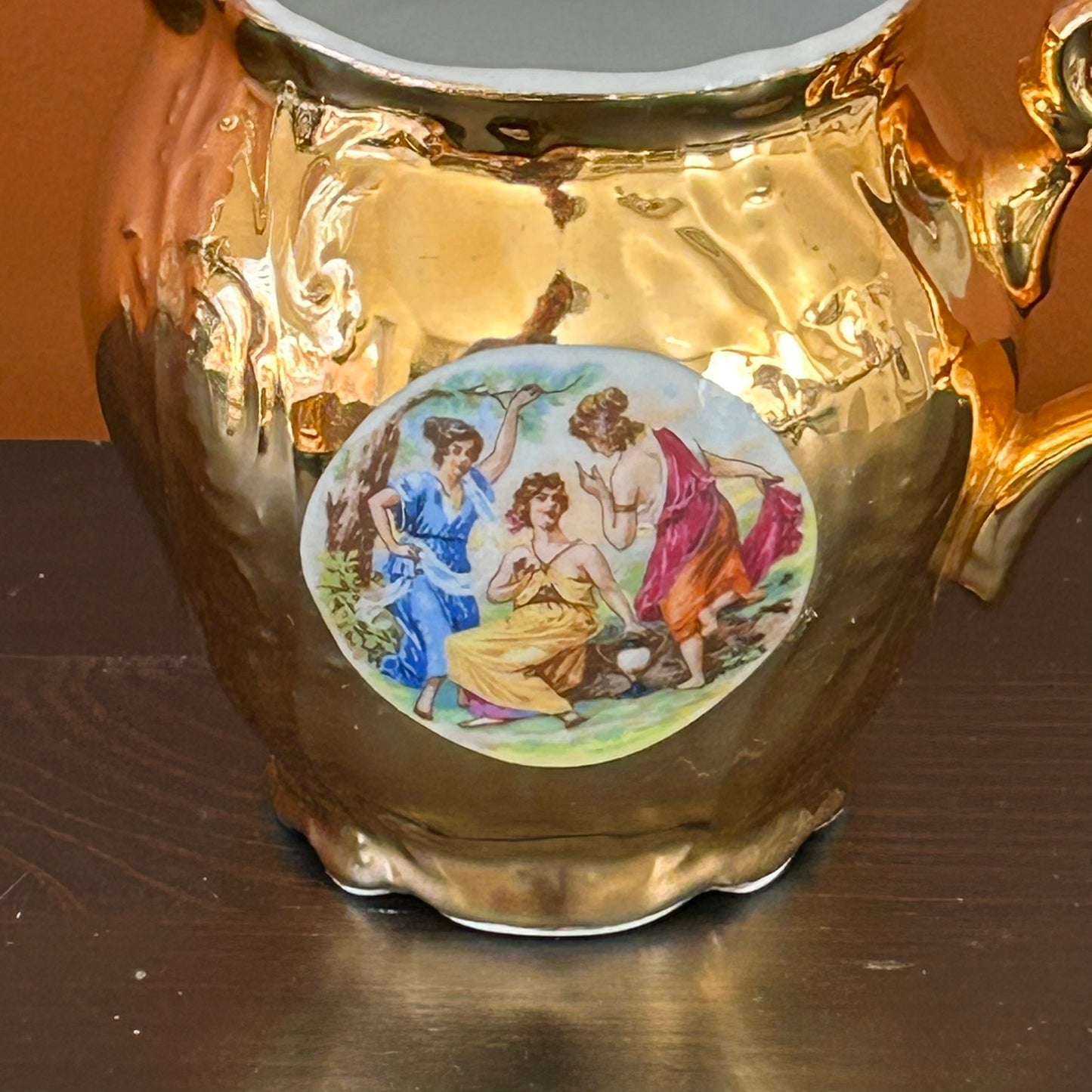 Vintage 1950s Czechoslovakian Bernadotte Milk Jug / Creamer – Gold Porcelain, Baroque Style, Pastoral Scene