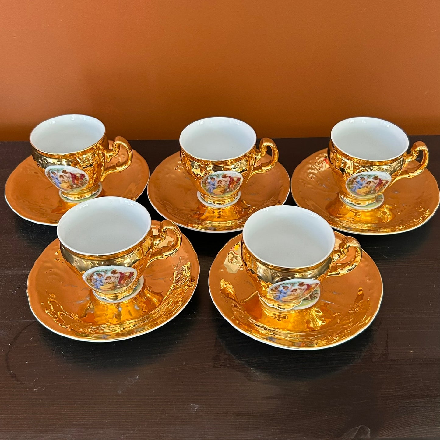 Vintage 1950s Czechoslovakian Bernadotte Set Of 5 Espresso / Turkish Coffee Cups And Saucers - Gold Porcelain, Baroque Style, Pastoral Scene