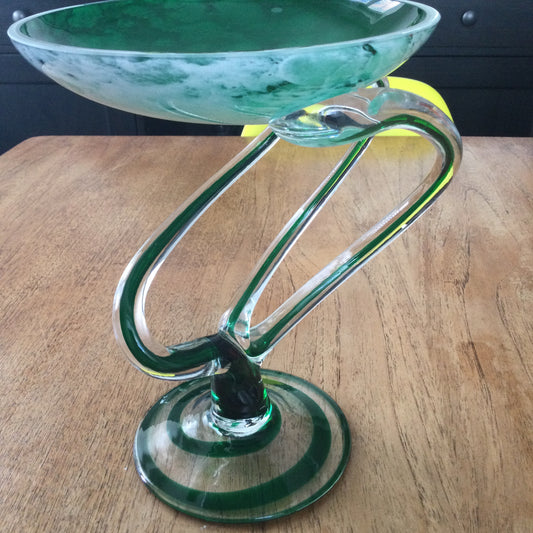 Vintage 1980s Jozefina Art Glass Jellyfish Pedestal Bowl, Krosno, Poland. Bottle green marble effect.