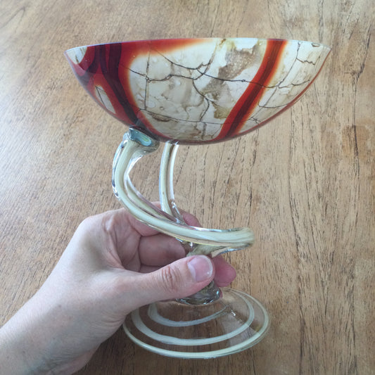 Vintage 1980s Jozefina Art Glass Jellyfish Pedestal Bowl, Krosno, Poland. Red and brown marble effect.