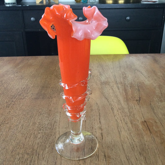 Mid century 1960s orange Murano style vase. Chinese Plum Blossom. Frilly fluted edge. Stemmed bottom.