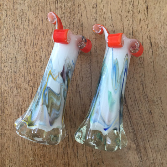 Pair of retro marble effect coloured glass bud vases / candlesticks. Murano style with orange inside.