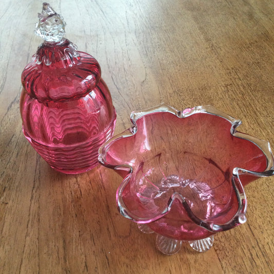 Pair of vintage cranberry / pink glass pieces. Fluted edge bowl and a lidded pot. Great for dressing table / bathroom