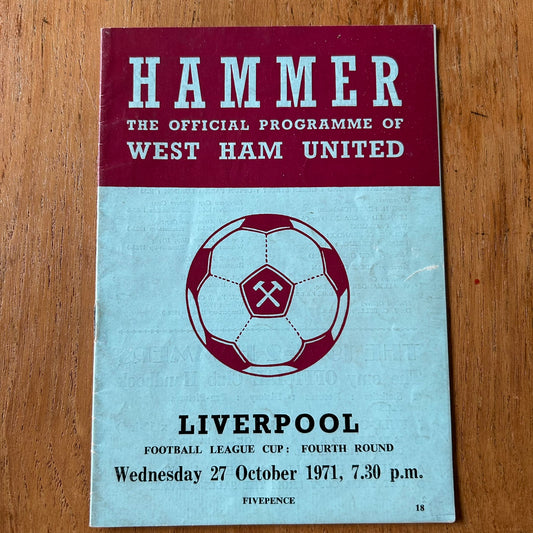 Vintage 70s Football Programme West Ham v Liverpool 1971 27/10/71 League Cup 4th Round.