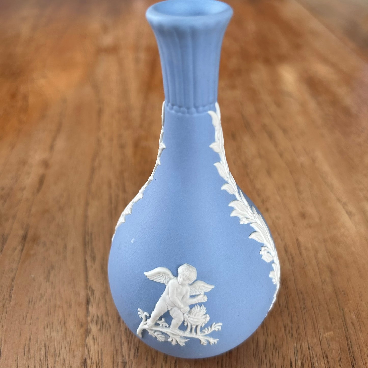 Vintage 1970s Wedgwood Jasperware Bud Vase – Blue & White - Cherub With Wheat