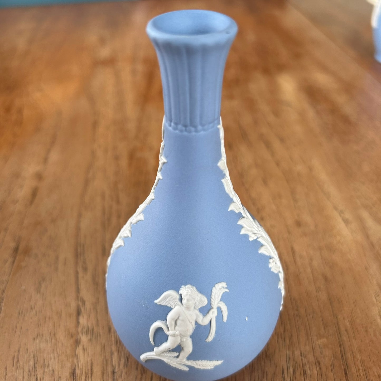 Vintage 1970s Wedgwood Jasperware Bud Vase – Blue & White - Cherub With Wheat